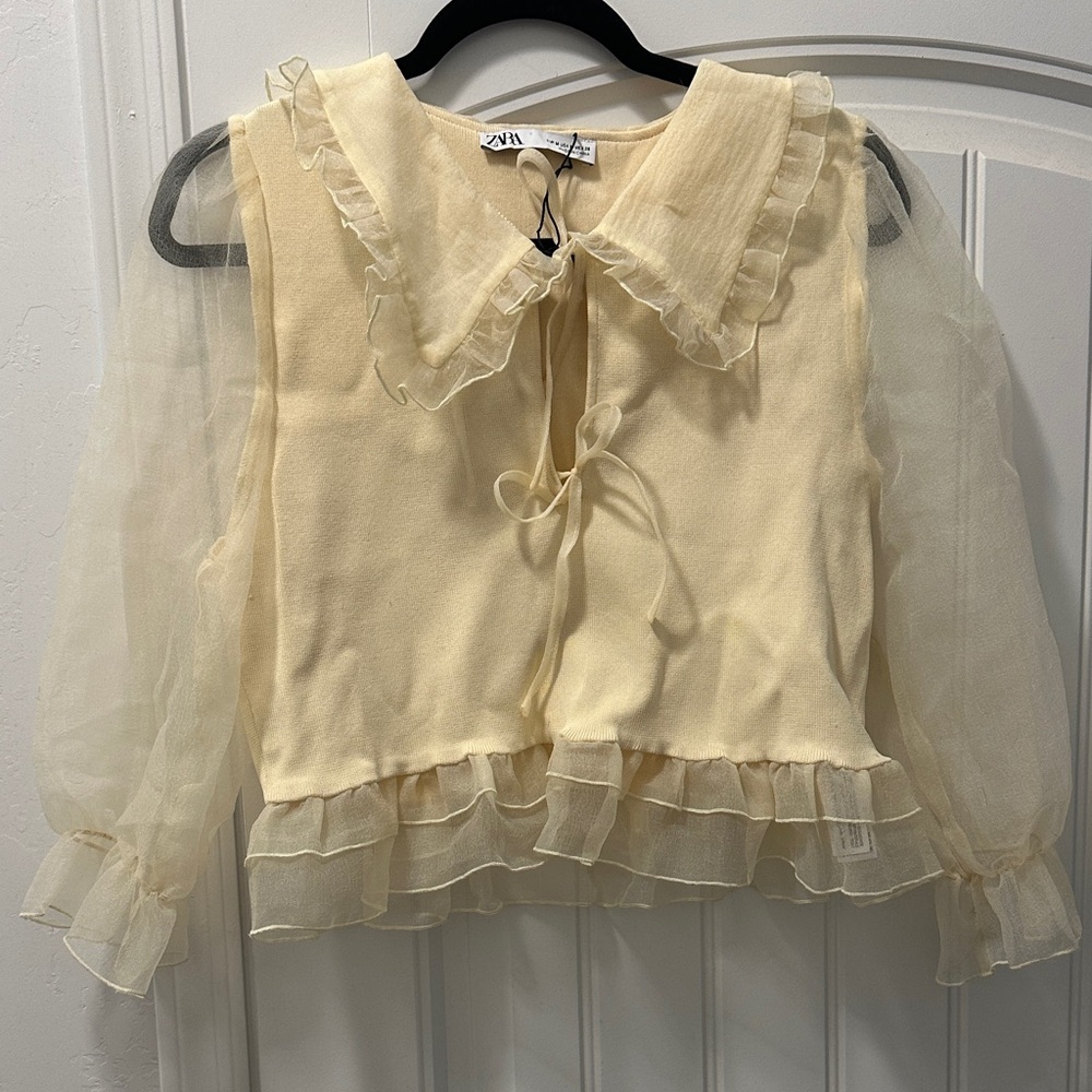 Zara Light Yellow Sheer Ruffle Blouse